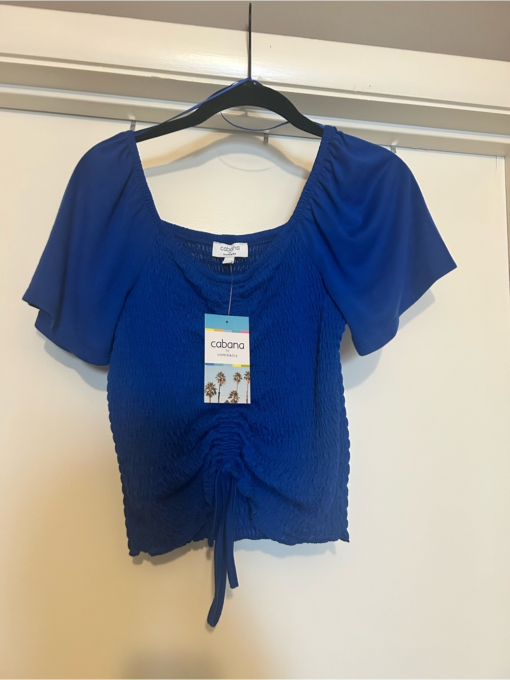 crown & ivy Royal Blue Smocked Square-Neck Top with Flutter Sleeves